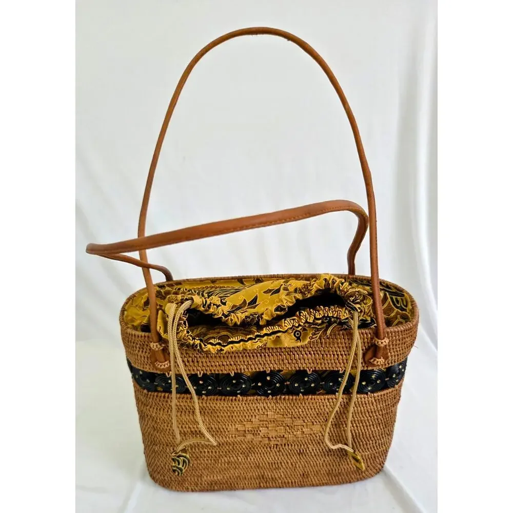 Vintage Handwoven Rattan Purse with Fabric interior, Leather Straps - Picture 2 of 7